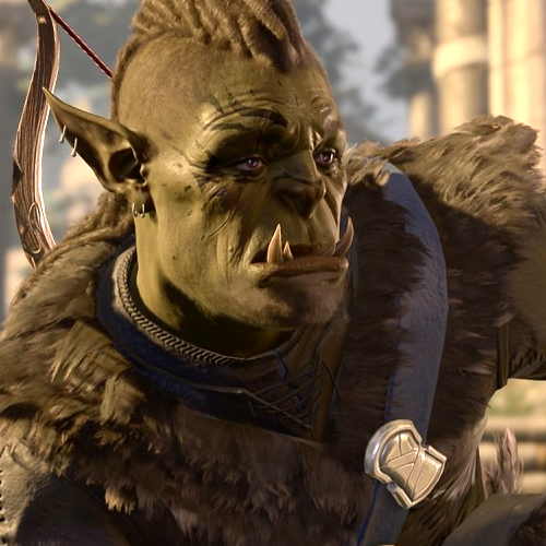 close up portrait of a half-orc man with mid-tone green skin, two tusks protruding from his bottom lip, and purple eyes. he has black dreadlocks in a ponytail, a black chin beard, and a black facial tattoo